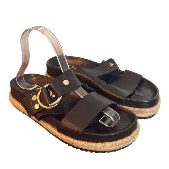 Zara black leather and gold hardware espadrille slide sandals 37/7 - Picture 1 of 10